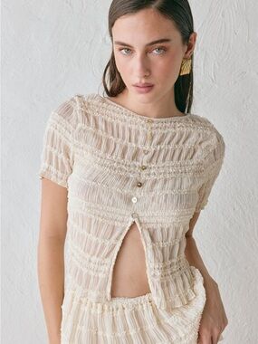 Verge Girl Sofia Sheer Ivory Ruched Button Front Women's Top